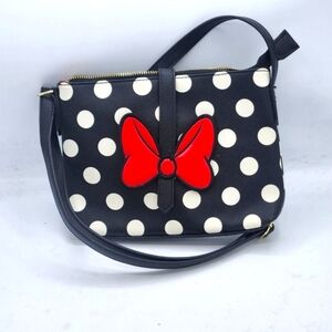 Disney Parks Minnie Mouse Black White Polka Dot Stripes Red Bow Crossbody Bag